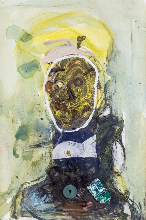 One Armed Bounty Hunter by Leroy Miranda Jr. | Mixed media assemblage using oil and acrylic paint and found objects on archival paper. Framed with One Armed Bounty Hunter